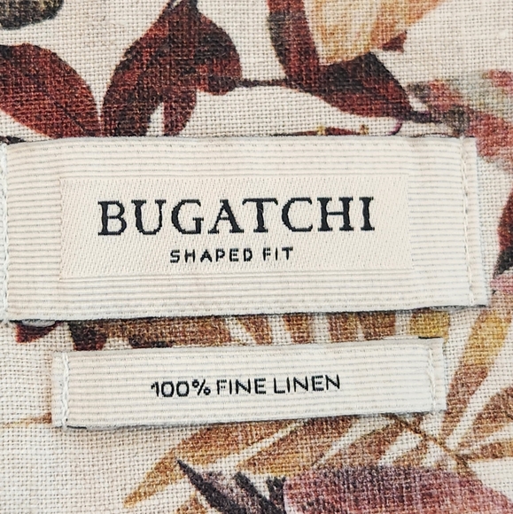 Bugatchi shirt S off white brown 100% fine linen Leaf Floral shaped fit new $185 - Picture 2 of 10